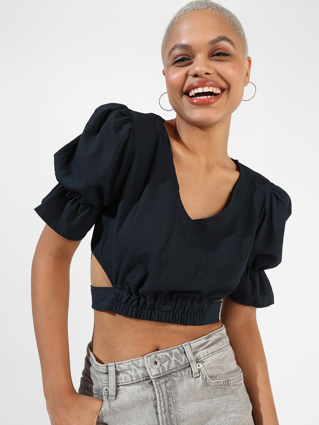 Women Blue Tie-Up Crop Top