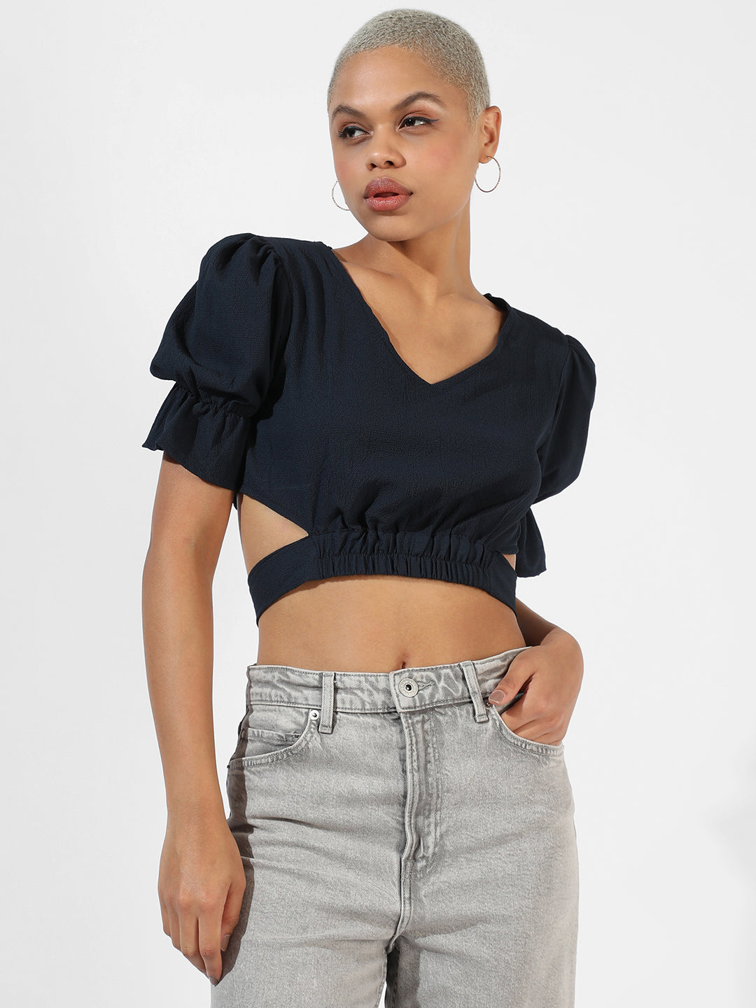 Women Blue Tie-Up Crop Top