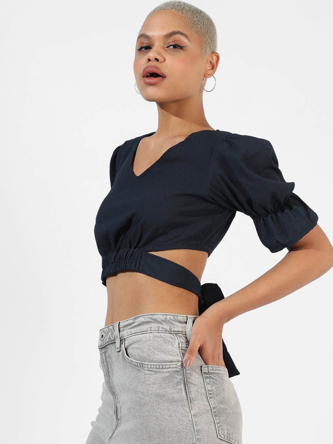 Women Blue Tie-Up Crop Top