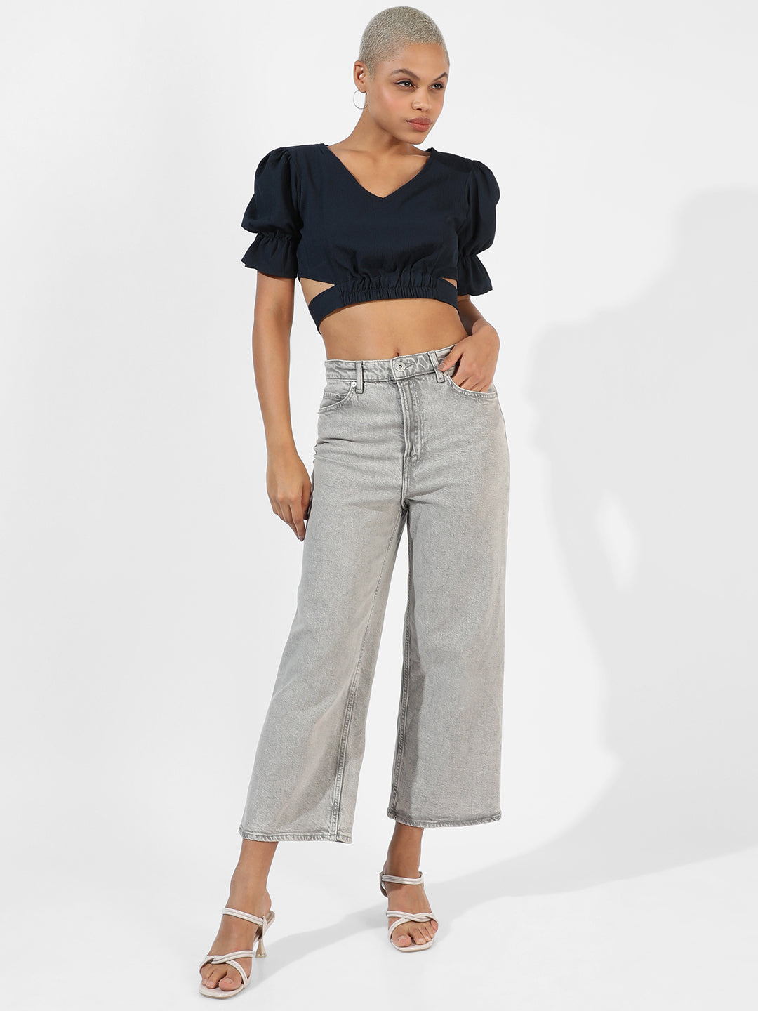 Women Blue Tie-Up Crop Top