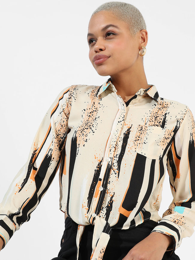 Women Beige Abstract Tie-Up Shirt