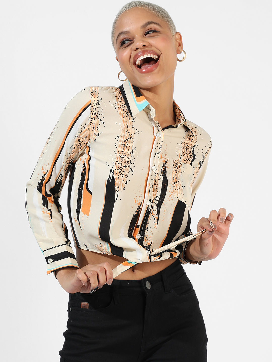 Women Beige Abstract Tie-Up Shirt