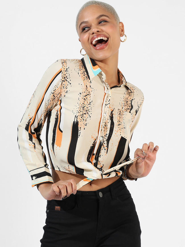 Women Beige Abstract Tie-Up Shirt
