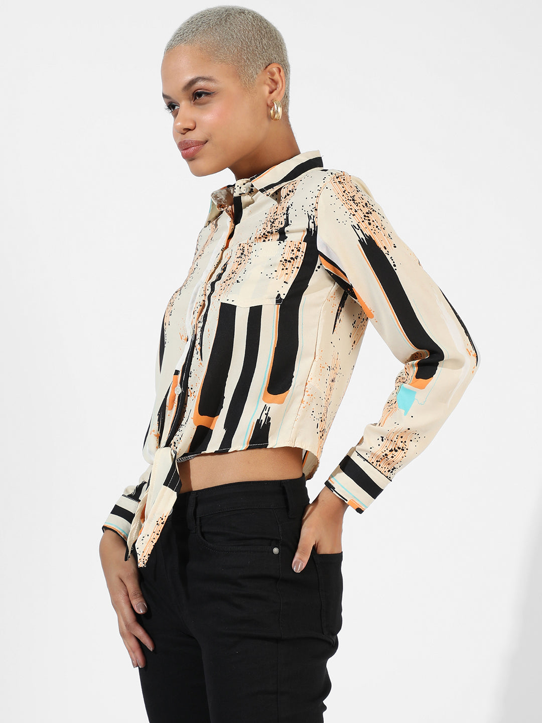 Women Beige Abstract Tie-Up Shirt