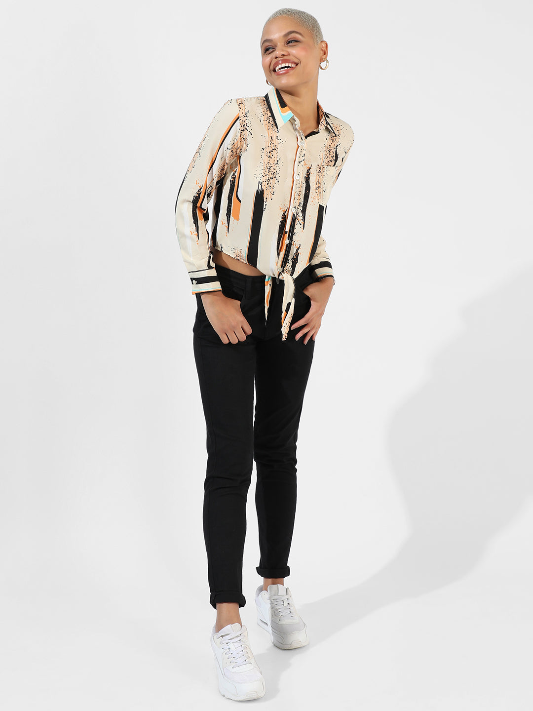 Women Beige Abstract Tie-Up Shirt
