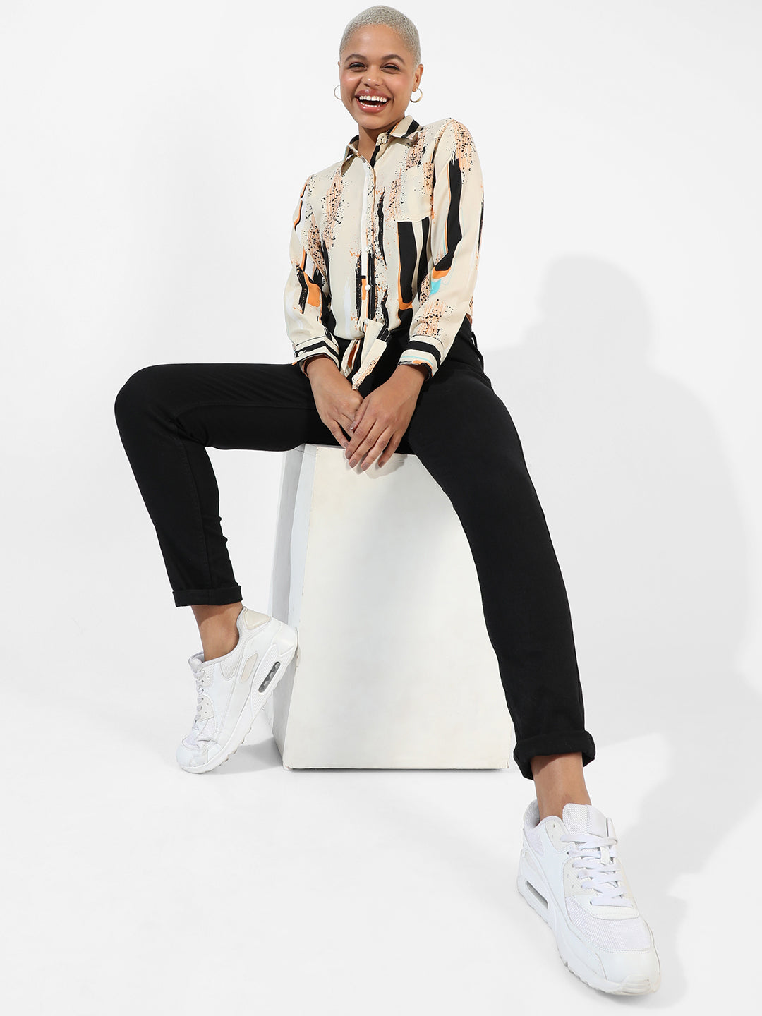 Women Beige Abstract Tie-Up Shirt