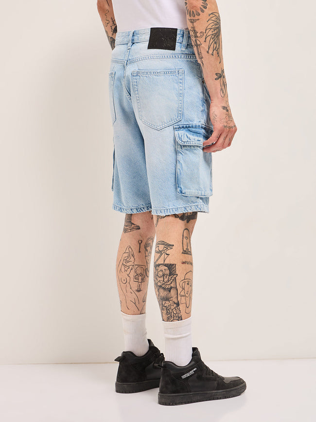 Men Light Blue Baggy Fit Denim Cargo Shorts