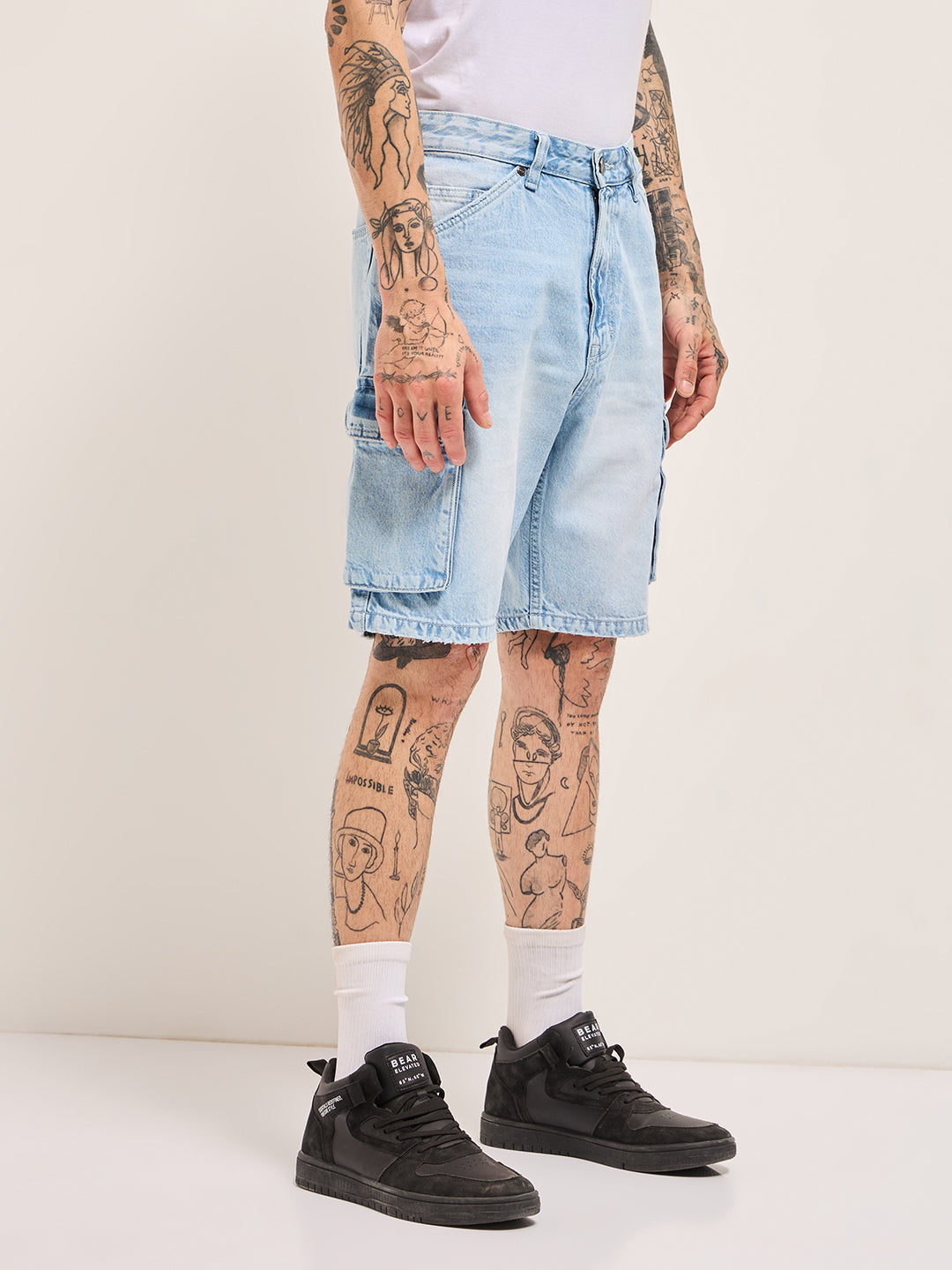 Men Light Blue Baggy Fit Denim Cargo Shorts
