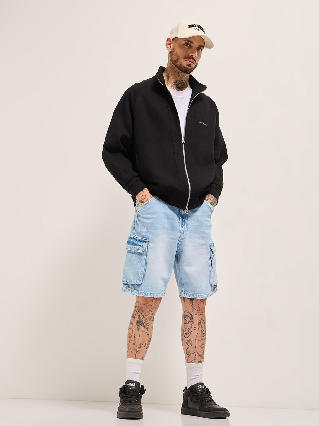 Men Light Blue Baggy Fit Denim Cargo Shorts