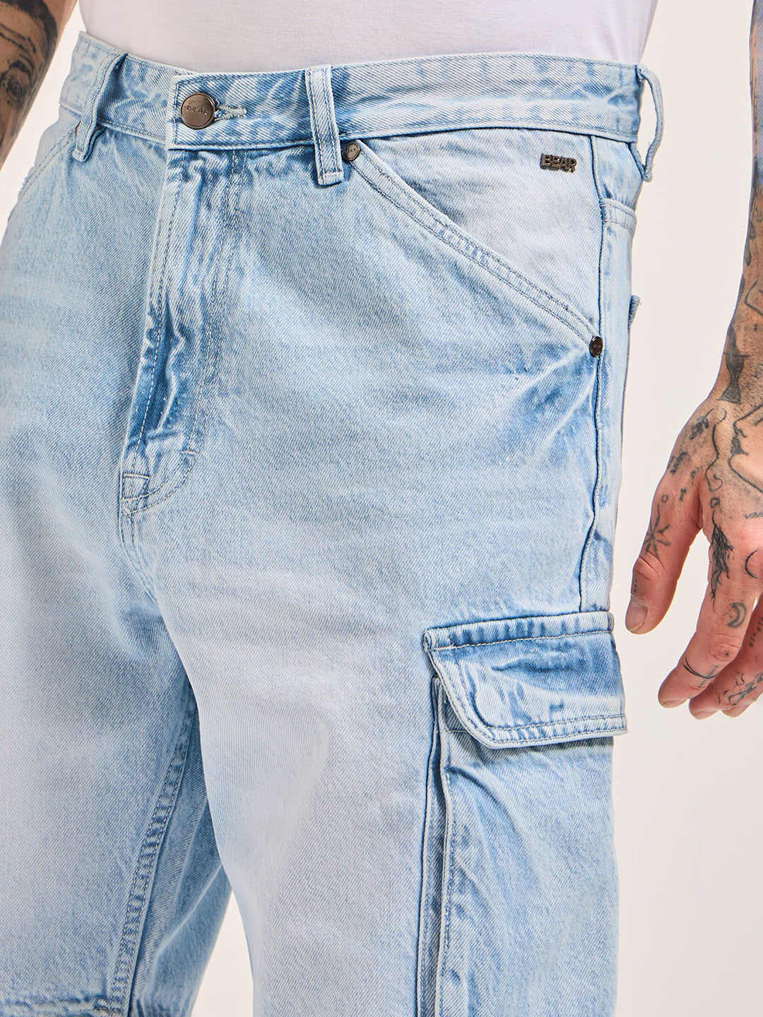 Men Light Blue Baggy Fit Denim Cargo Shorts