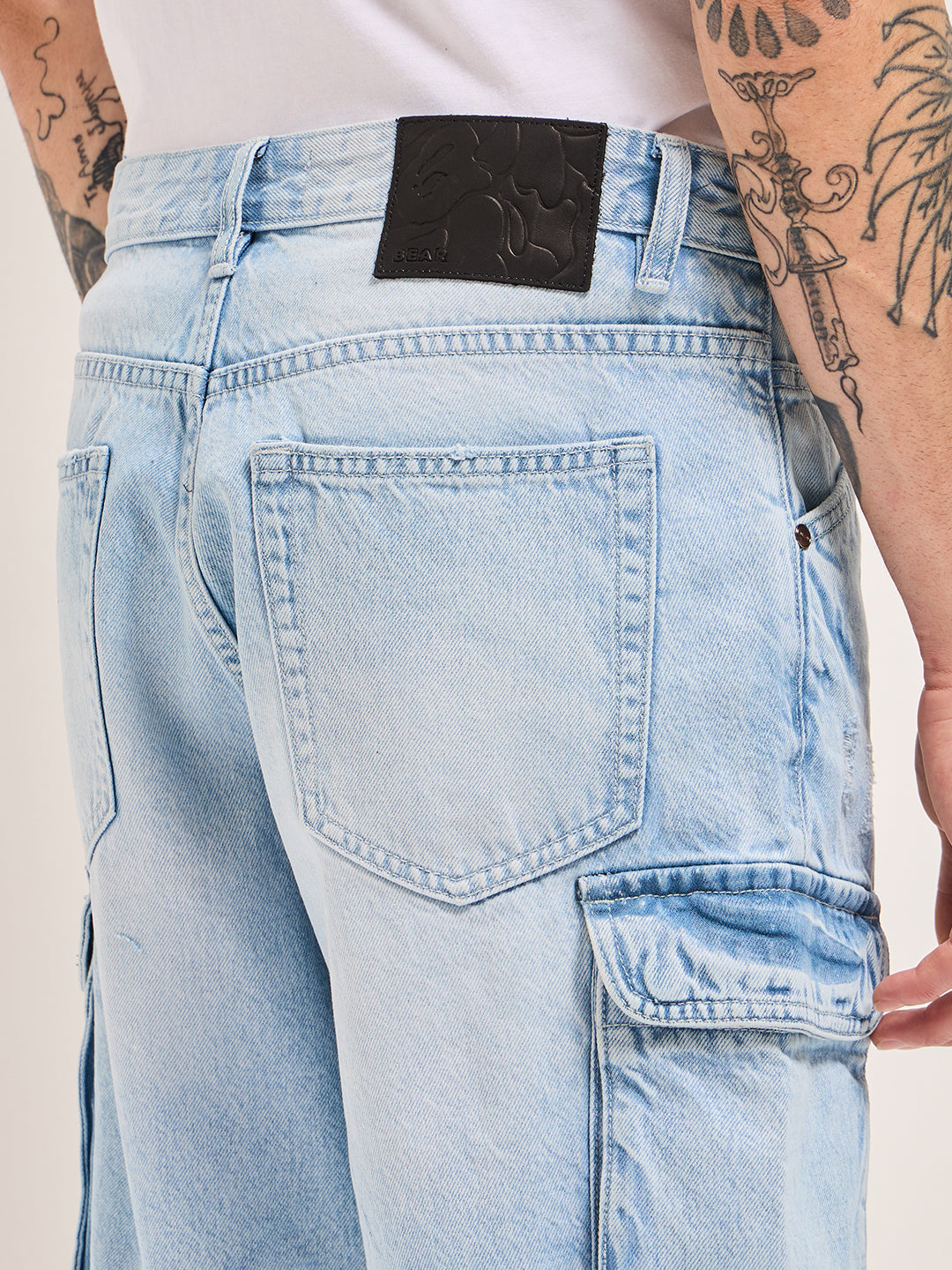 Men Light Blue Baggy Fit Denim Cargo Shorts