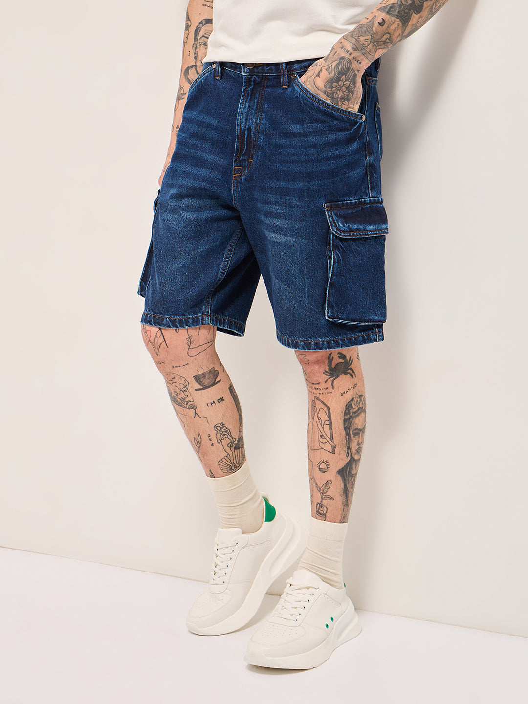Men Light Blue Baggy Fit Denim Cargo Shorts