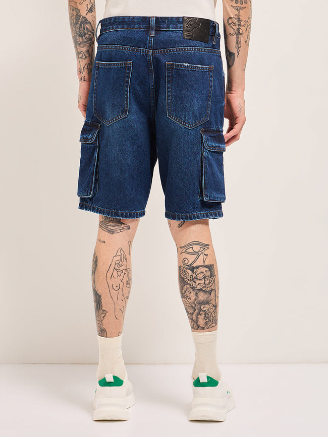 Men Light Blue Baggy Fit Denim Cargo Shorts