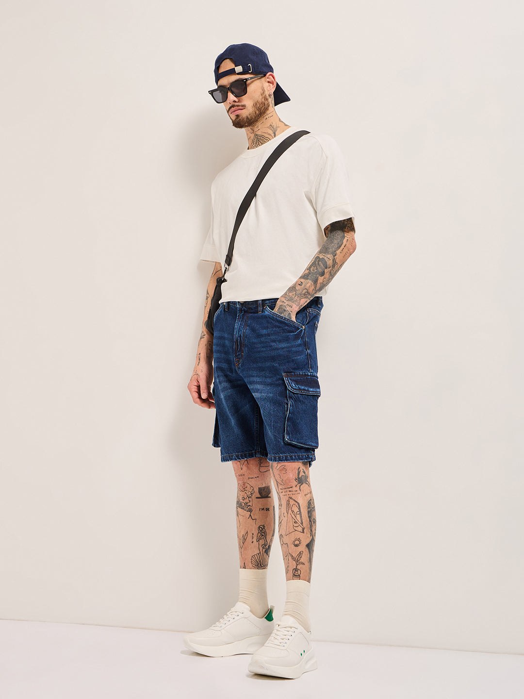 Men Light Blue Baggy Fit Denim Cargo Shorts