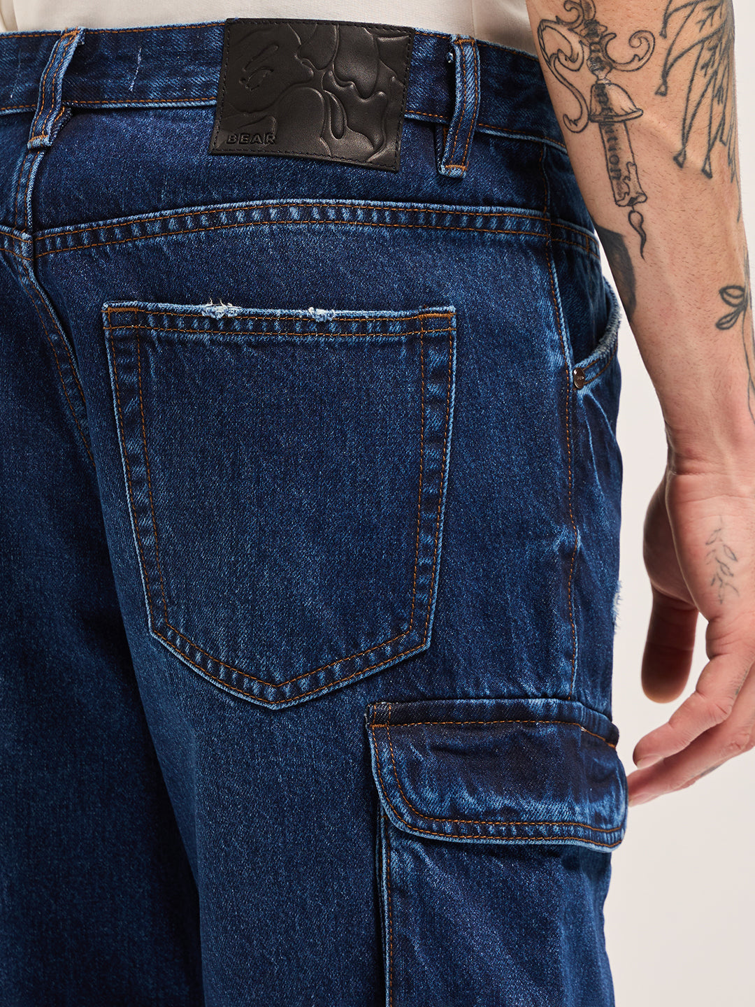 Men Light Blue Baggy Fit Denim Cargo Shorts