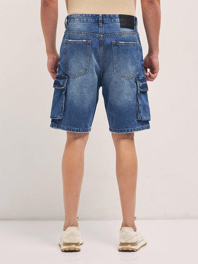 Men Mid Blue Baggy Fit Denim Cargo Shorts