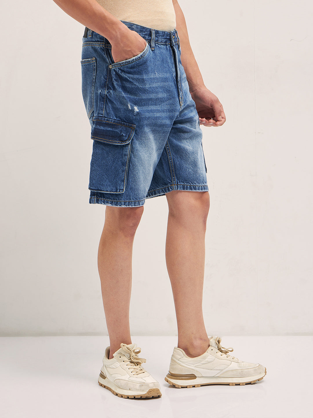Men Mid Blue Baggy Fit Denim Cargo Shorts