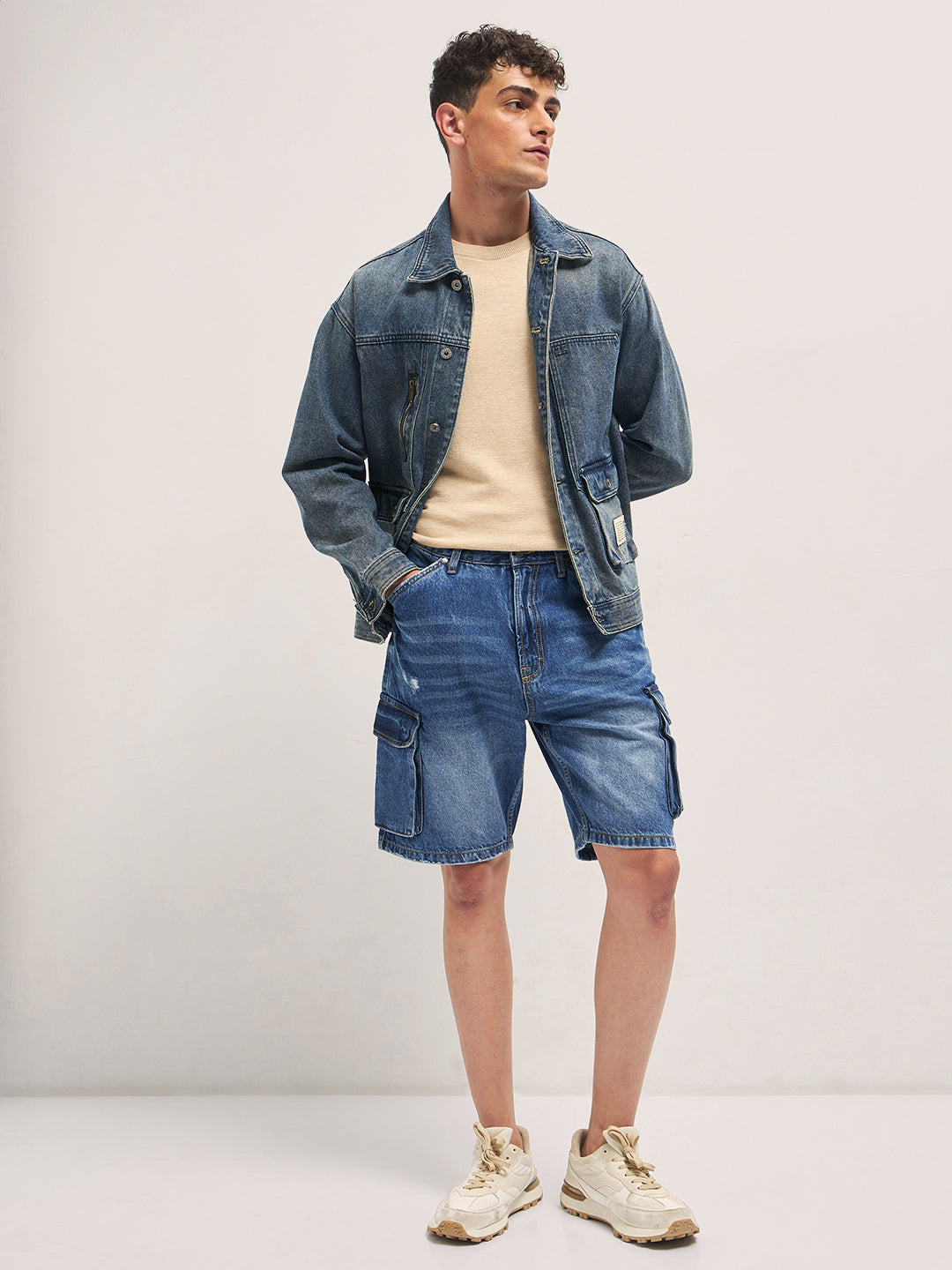 Men Mid Blue Baggy Fit Denim Cargo Shorts