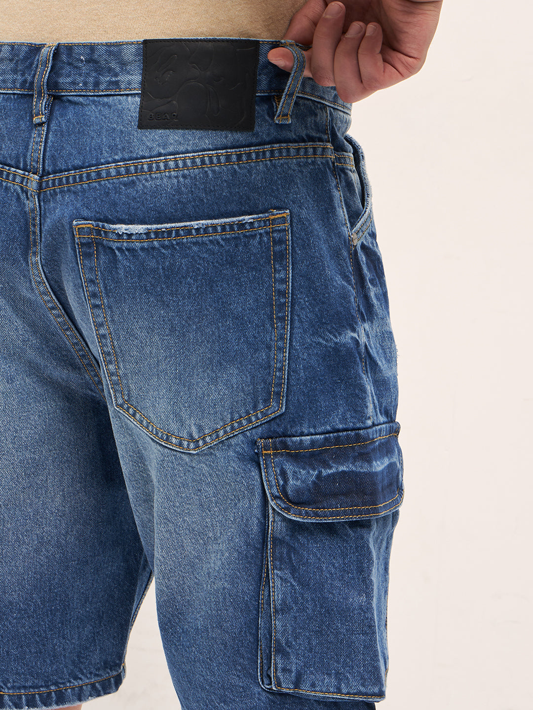 Men Mid Blue Baggy Fit Denim Cargo Shorts