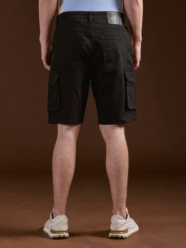 Men Black Solid Baggy Fit Cotton Cargo Shorts