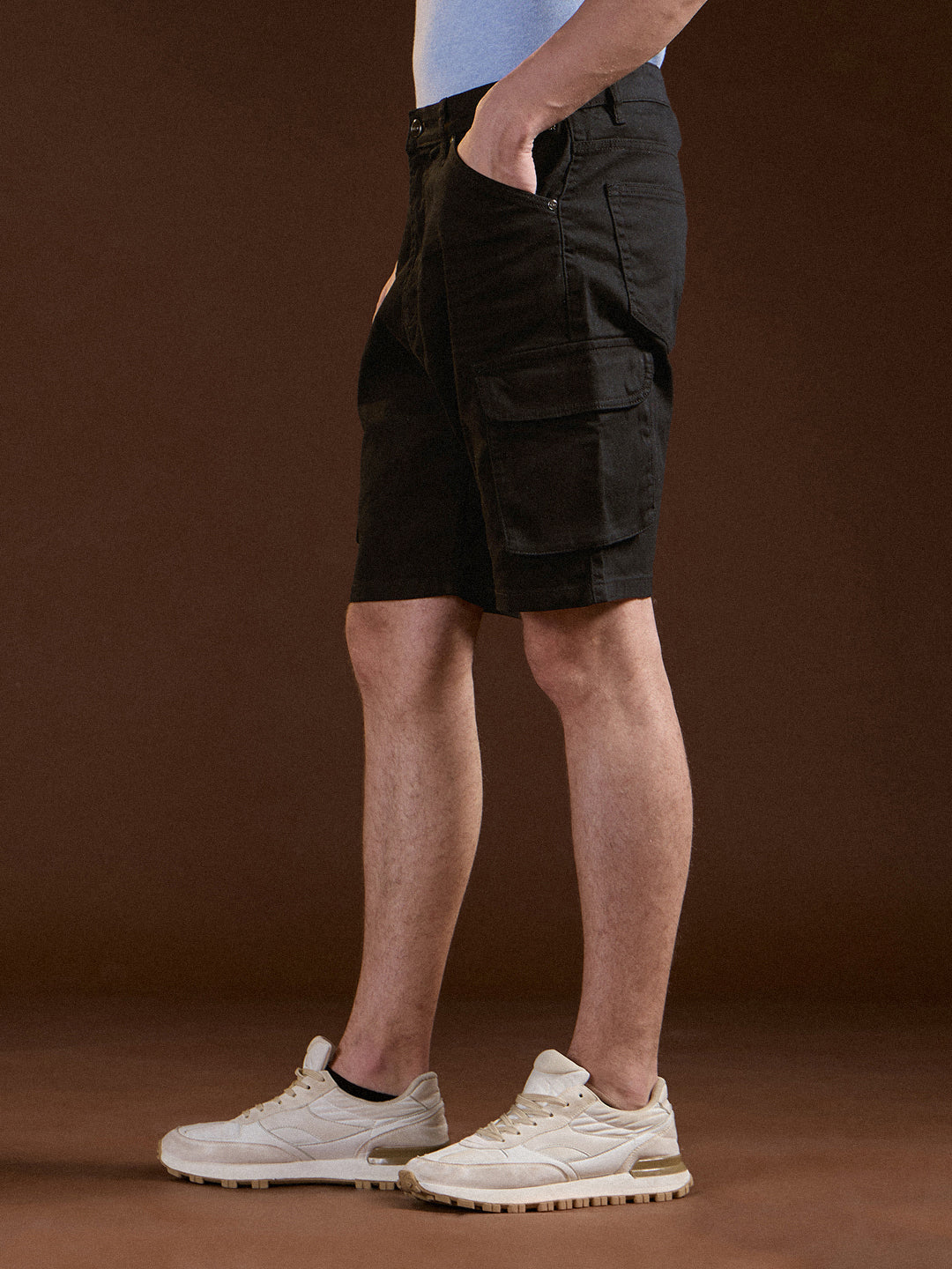 Men Black Solid Baggy Fit Cotton Cargo Shorts