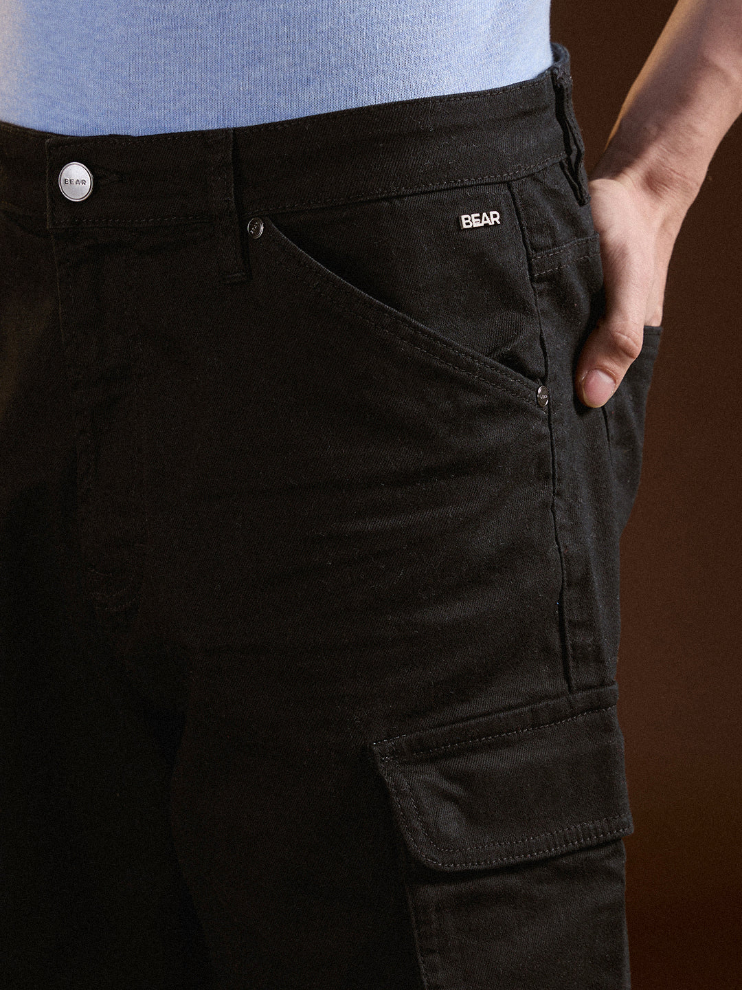 Men Black Solid Baggy Fit Cotton Cargo Shorts