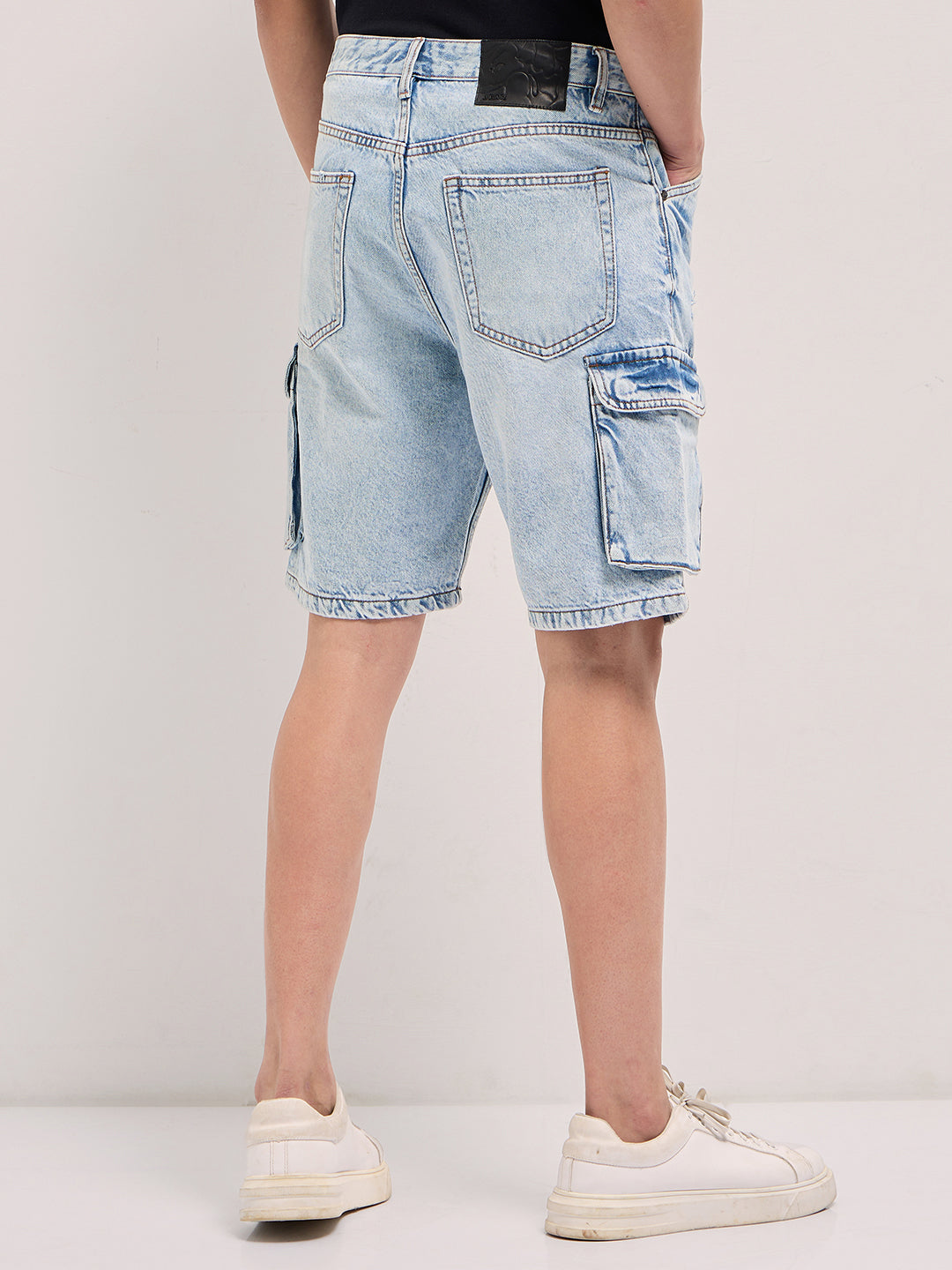 Men Light Blue Baggy Fit Denim Cargo Shorts