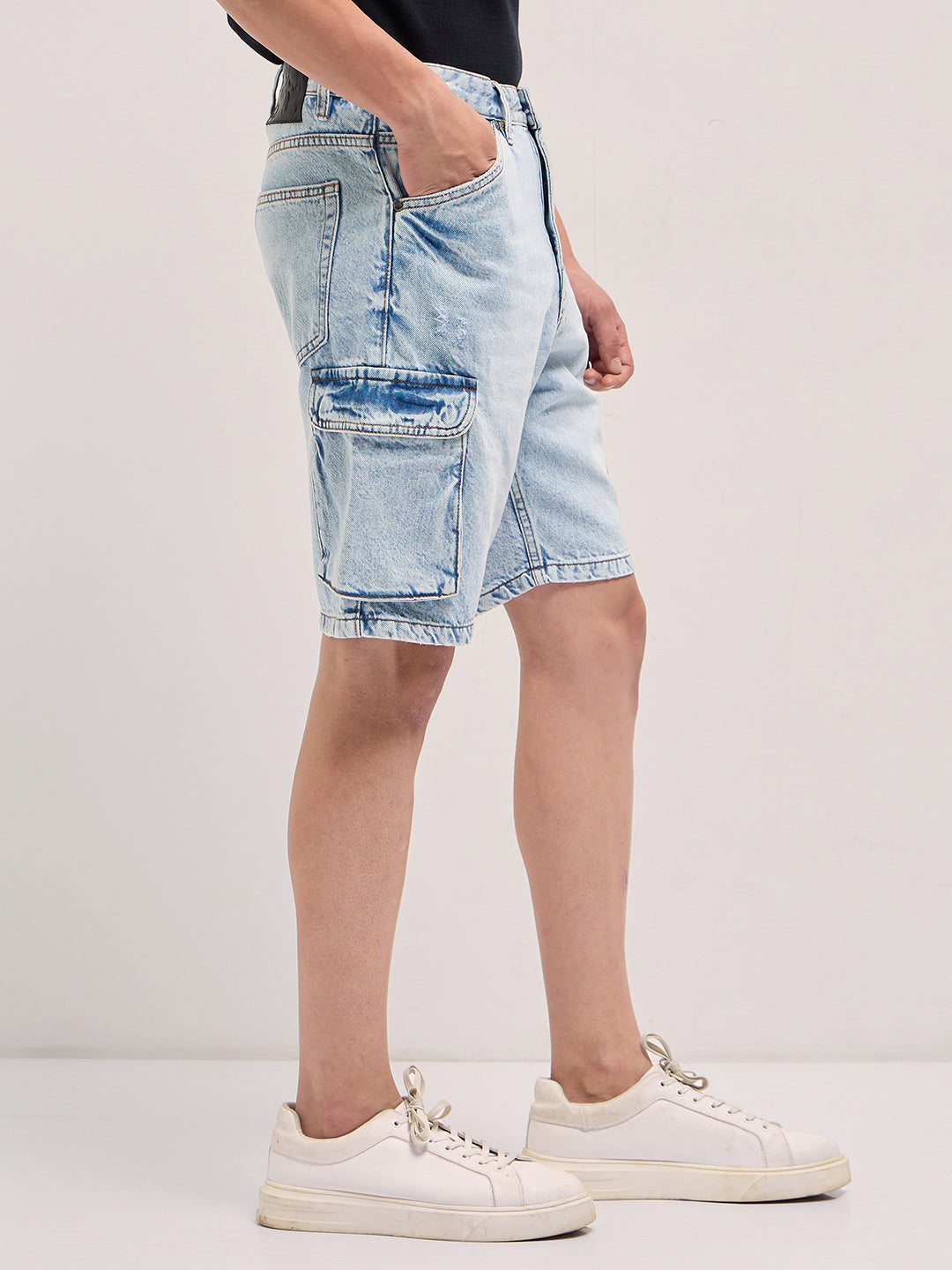 Men Light Blue Baggy Fit Denim Cargo Shorts