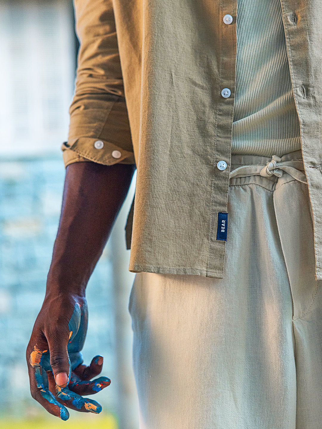 Men Beige Cotton Linen Slim Fit Solid Casual Shirt