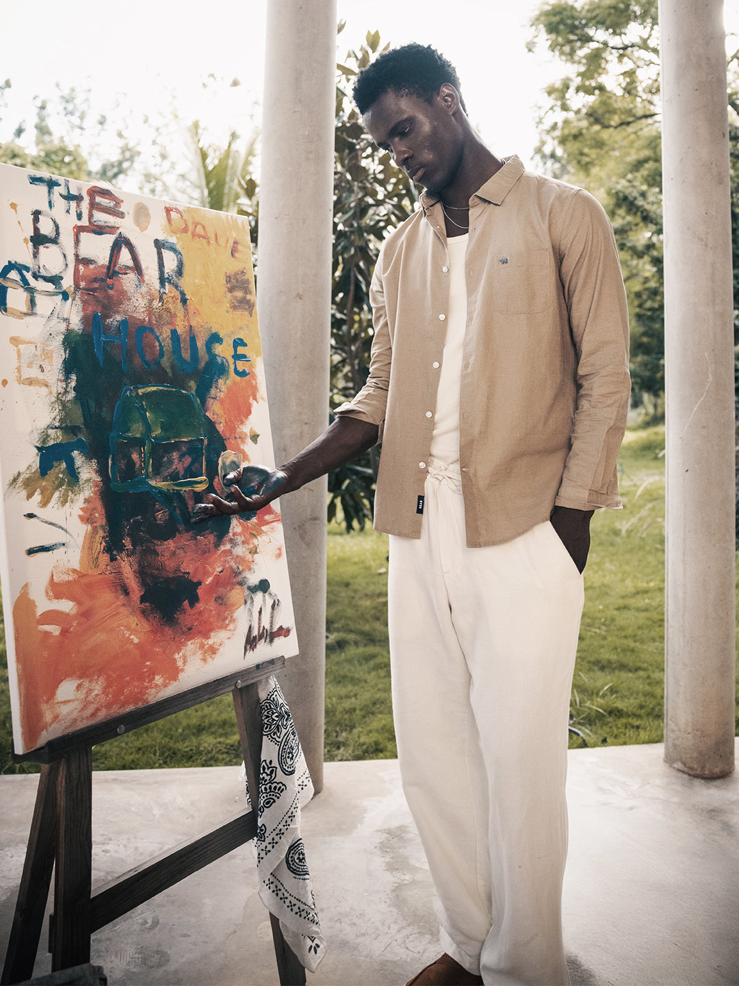 Men Beige Cotton Linen Slim Fit Solid Casual Shirt