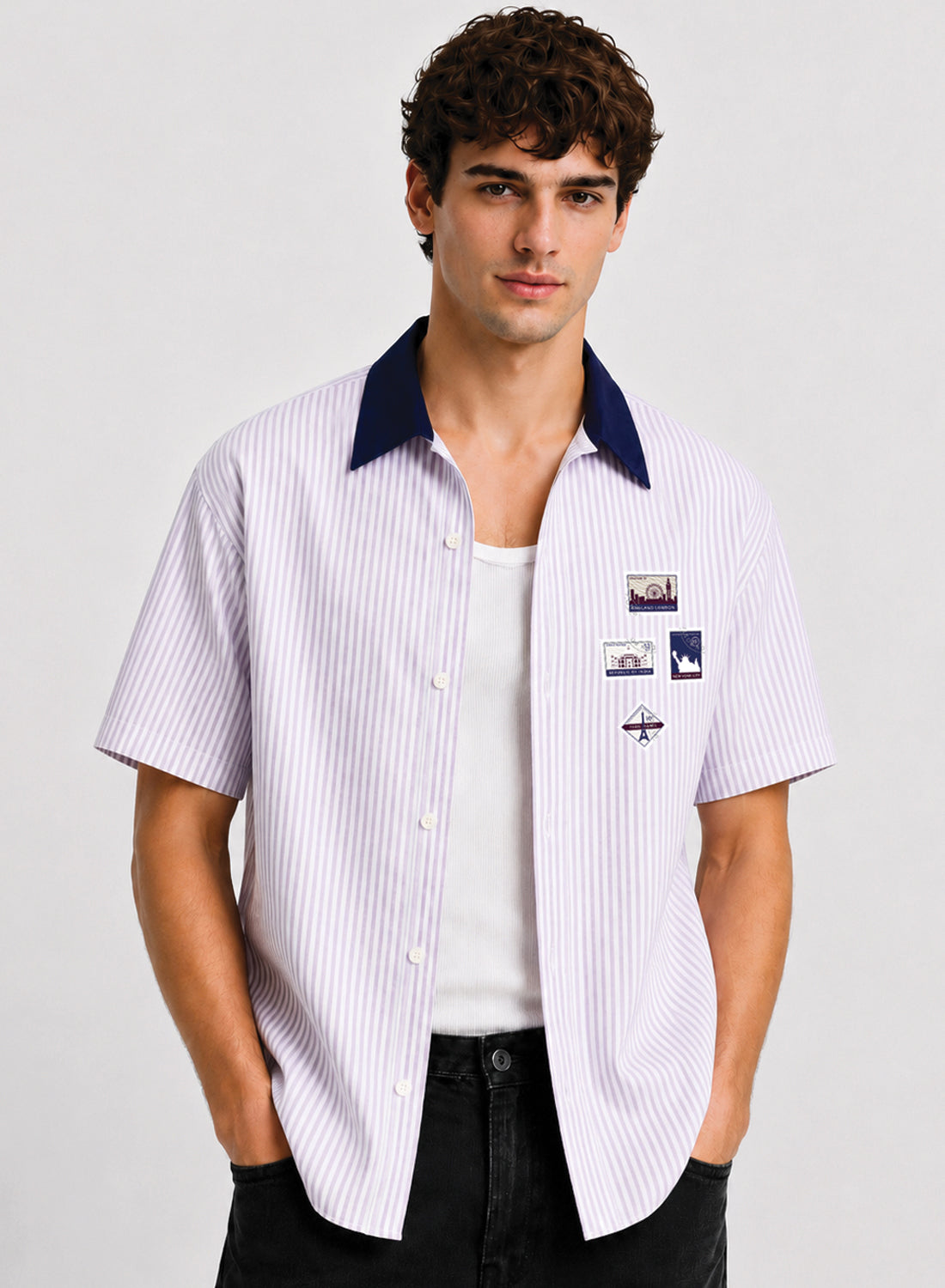 Men Lavender Striped Casual Shirt
