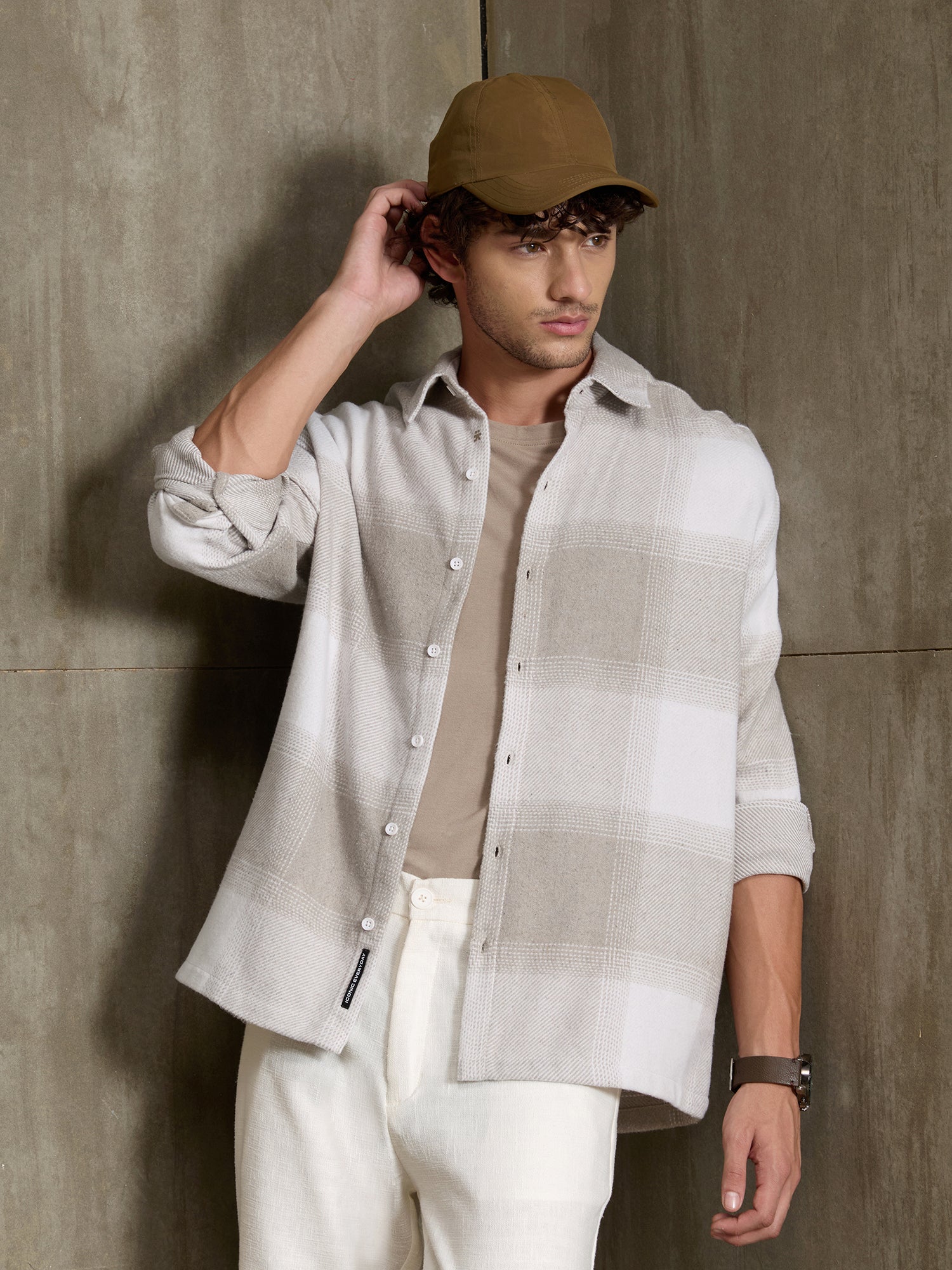 Men Beige Buffalo Check Oversized Shirt