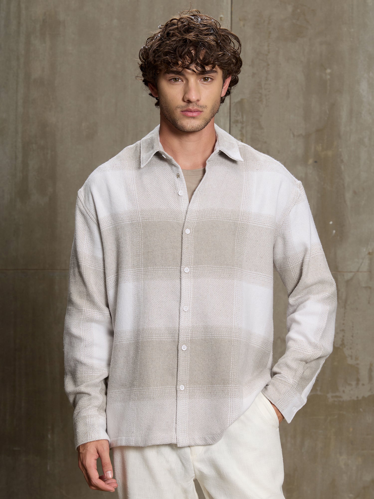 Men Beige Buffalo Check Oversized Shirt