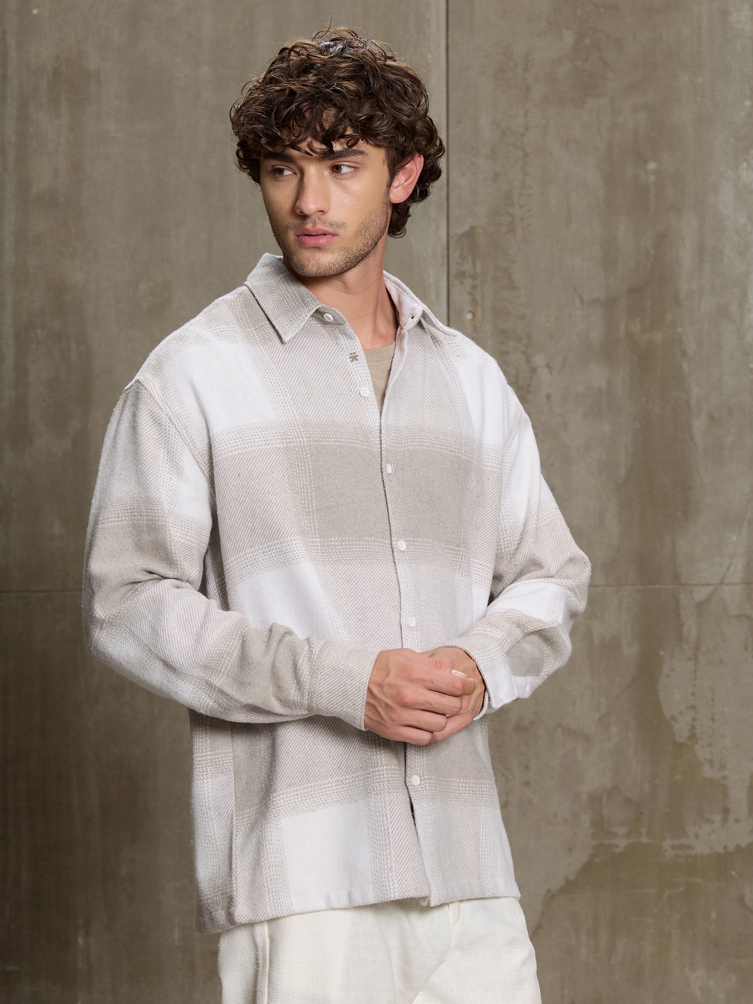Men Beige Buffalo Check Oversized Shirt