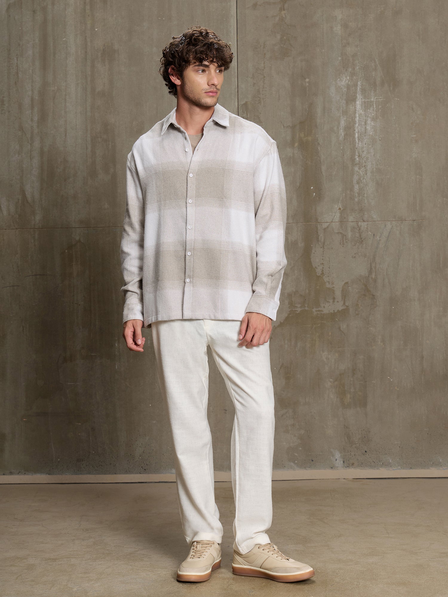 Men Beige Buffalo Check Oversized Shirt