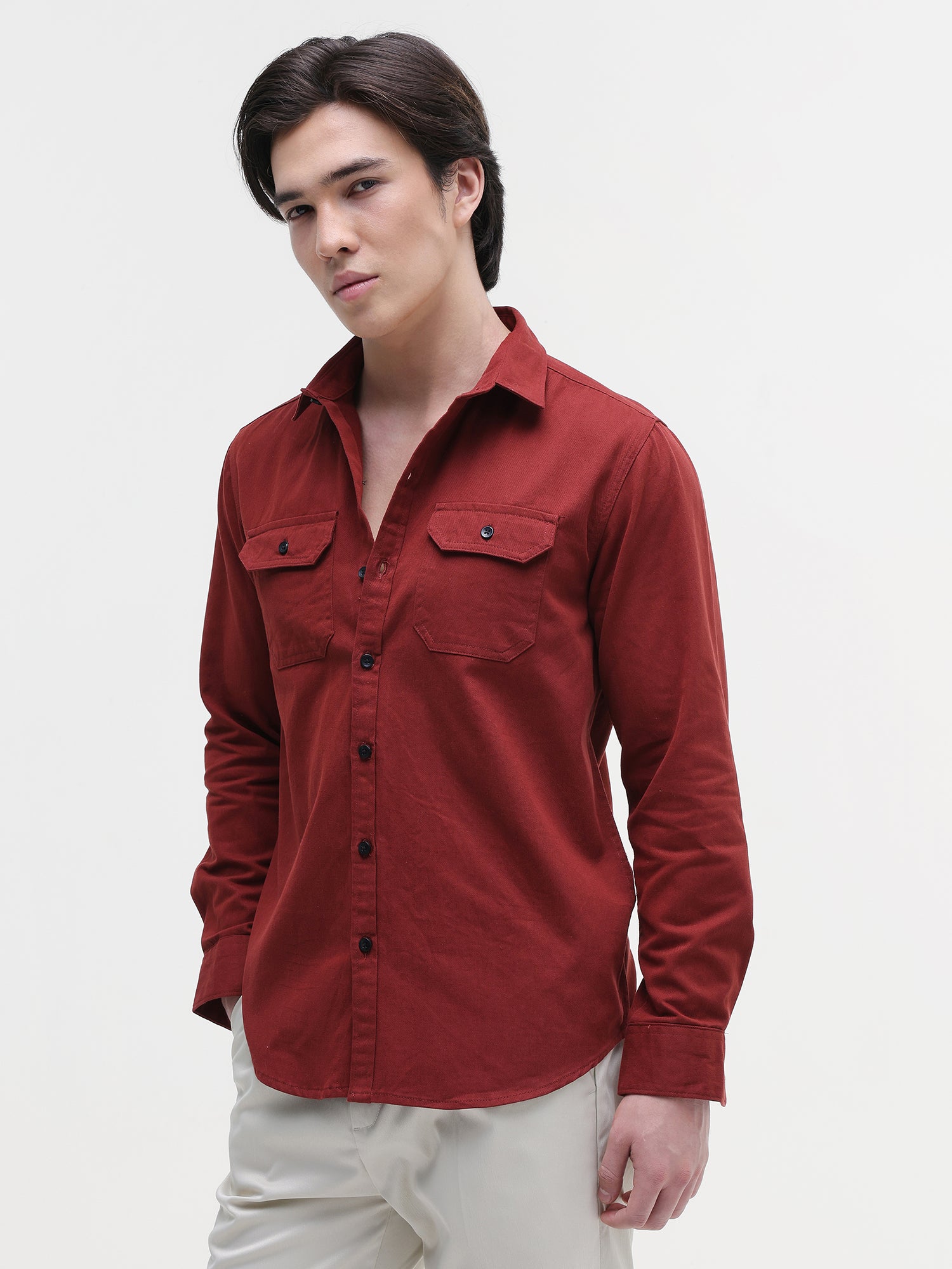 Men Red Twill Flap pocket Shirt