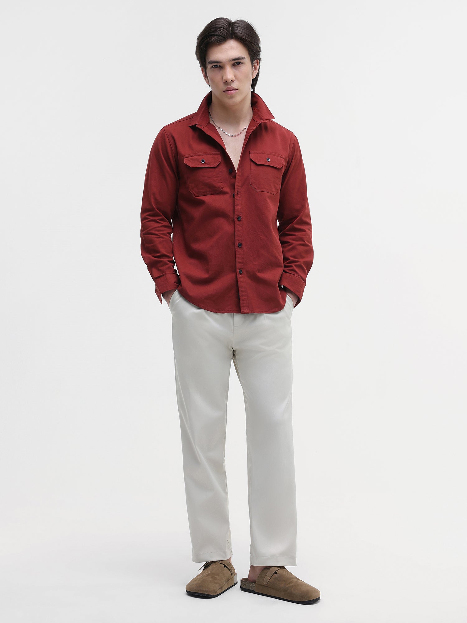 Men Red Twill Flap pocket Shirt