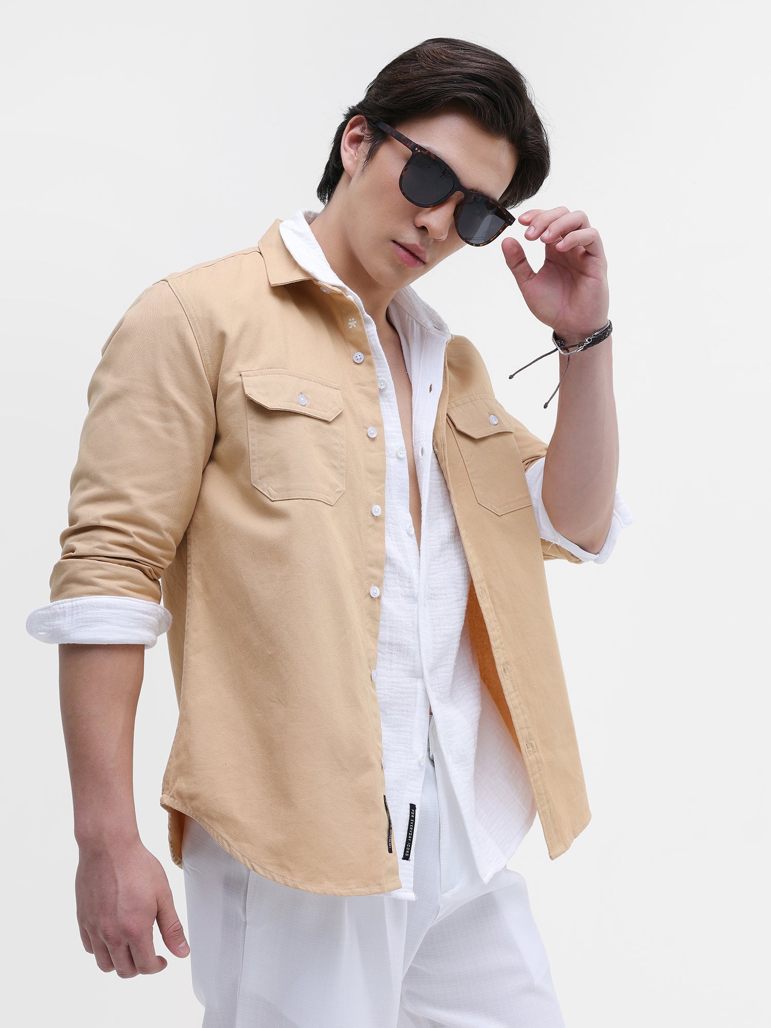 Men Beige Twill Flap Pocket Shirt