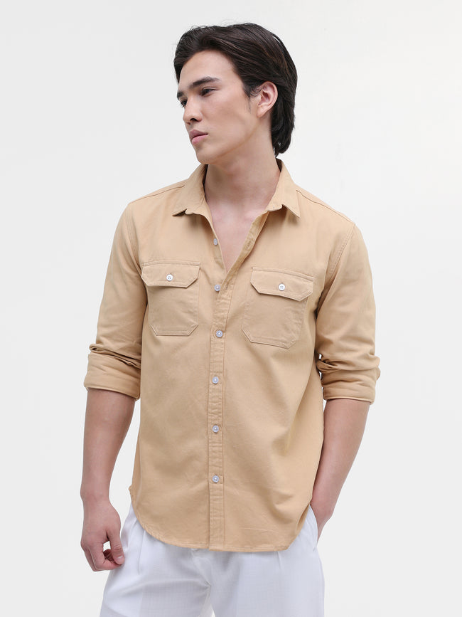 Men Beige Twill Flap Pocket Shirt