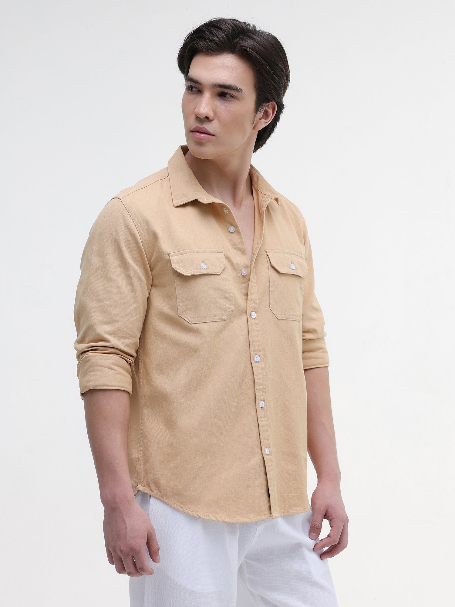 Men Beige Twill Flap Pocket Shirt