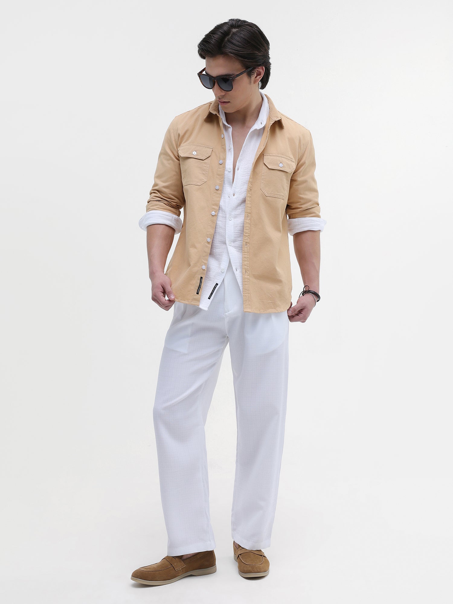 Men Beige Twill Flap Pocket Shirt