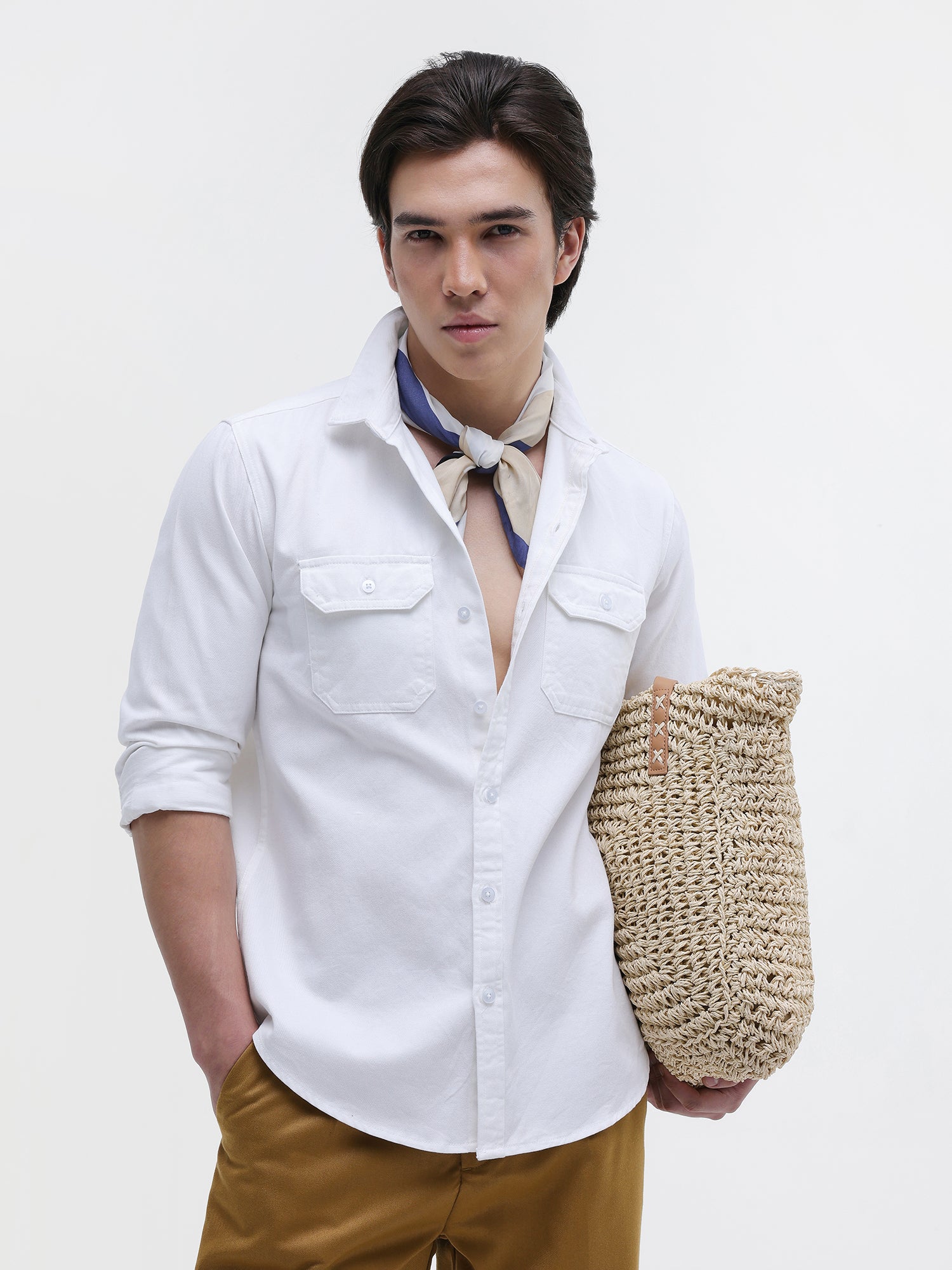Men White Twill Flap Pocket Shirt
