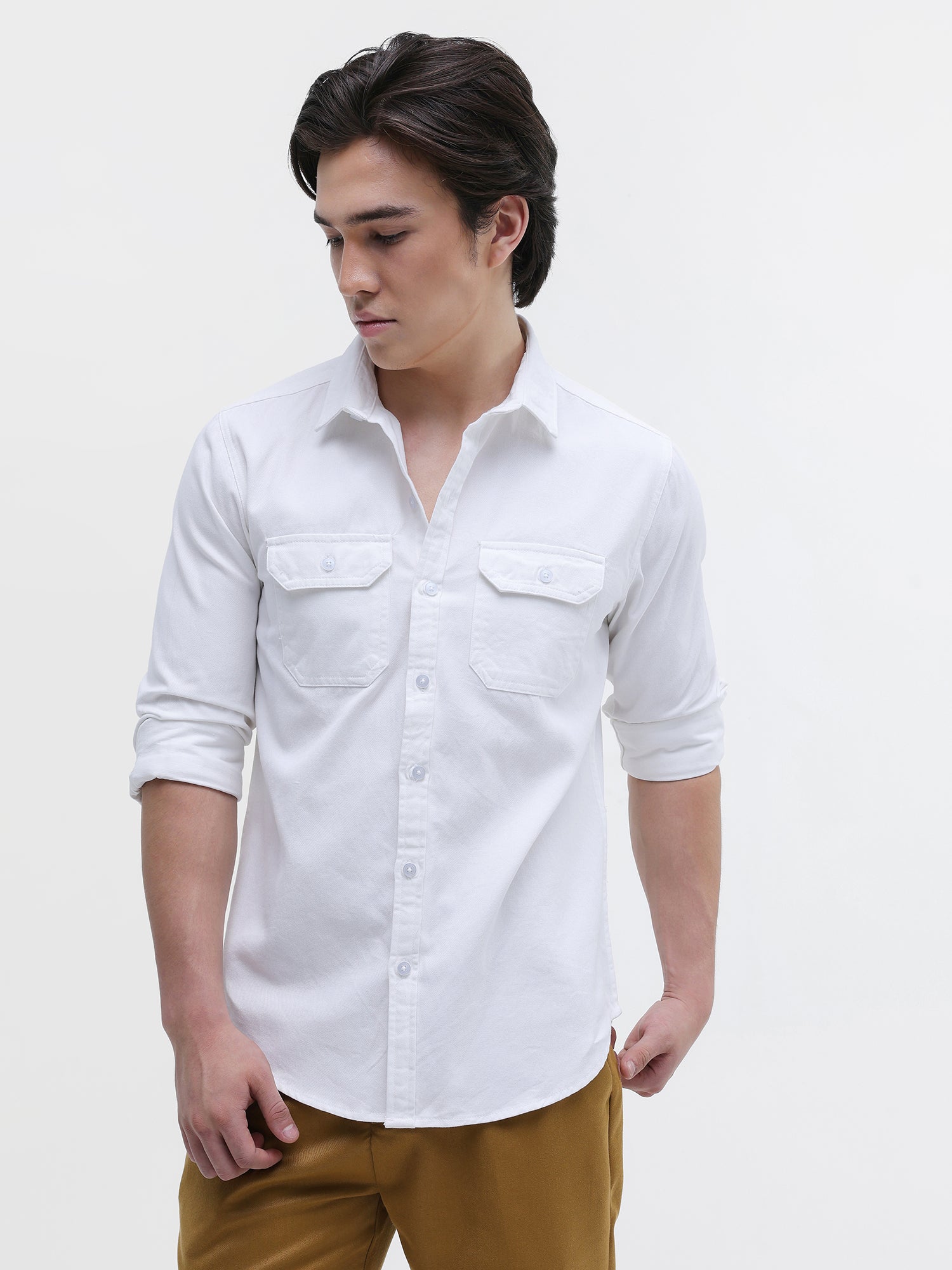 Men White Twill Flap Pocket Shirt
