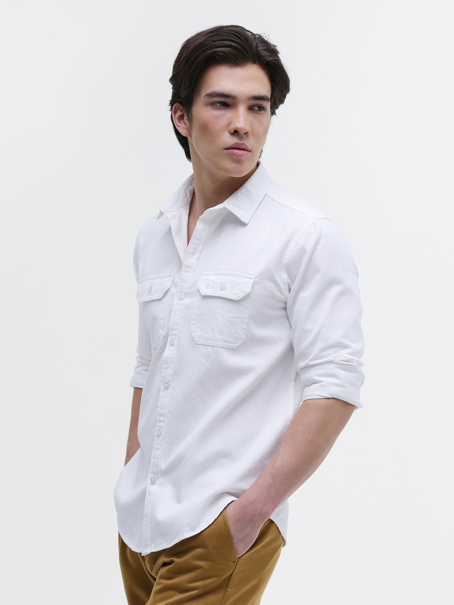 Men White Twill Flap Pocket Shirt
