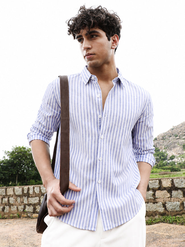 Men Blue Striped Cotton Regular Fit Shirt