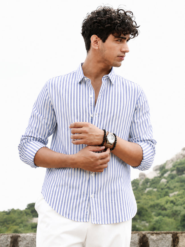 Men Blue Striped Cotton Regular Fit Shirt