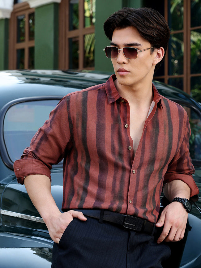 Men Rust Textured Striped Shirt