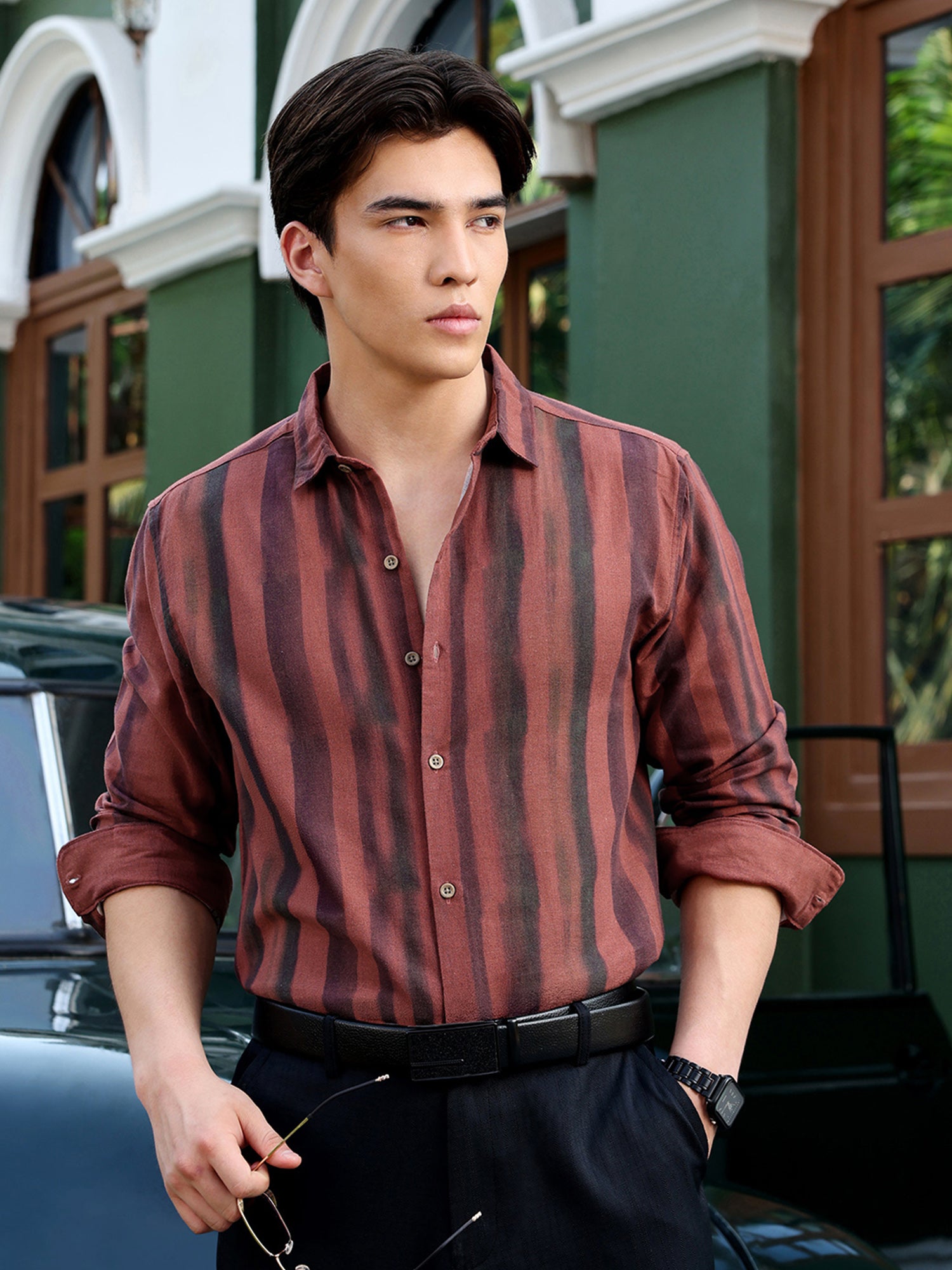 Men Rust Textured Striped Shirt