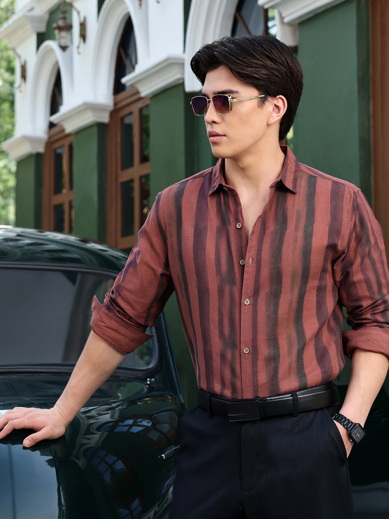 Men Rust Textured Striped Shirt