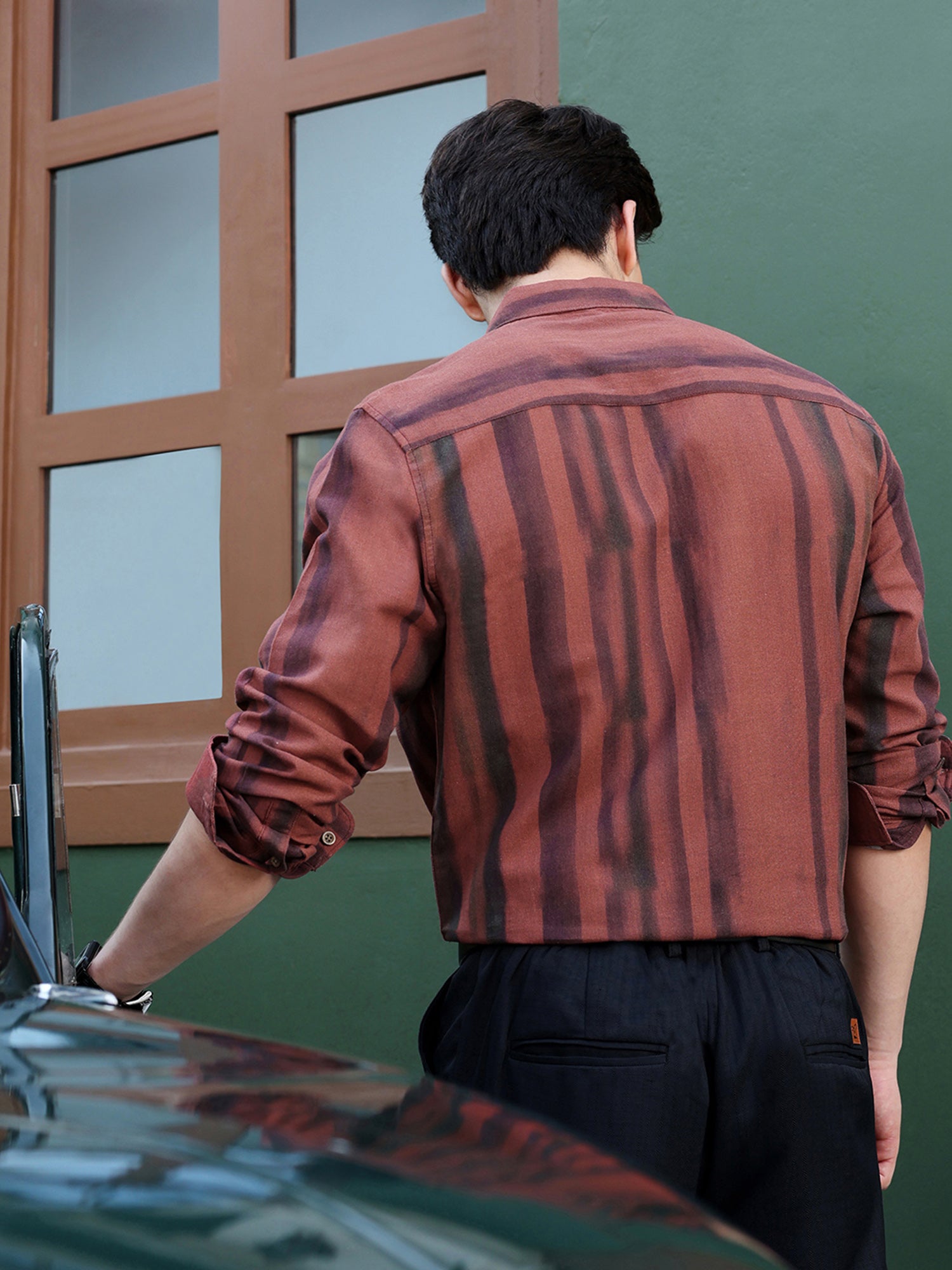 Men Rust Textured Striped Shirt